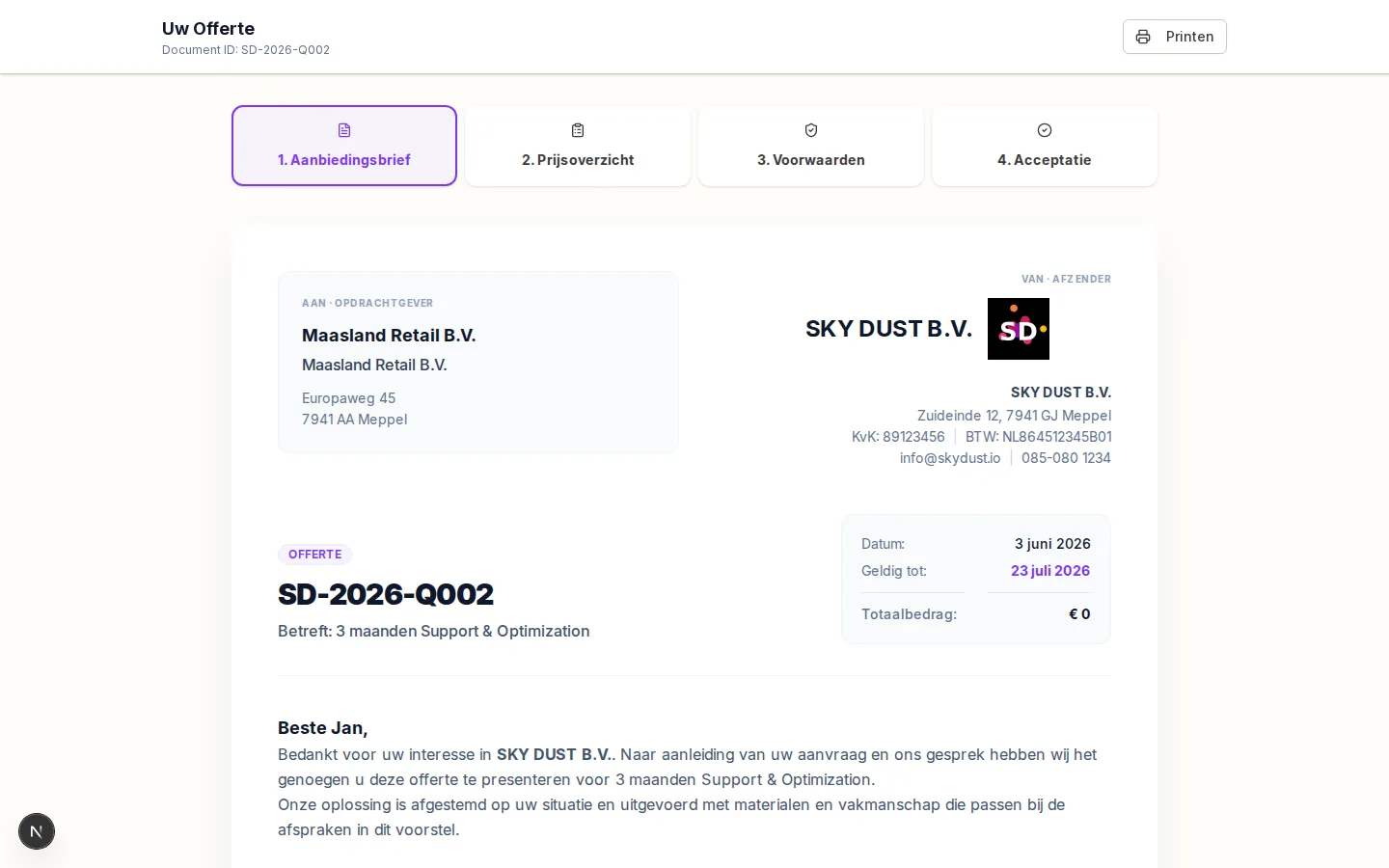 Van aanvraag tot getekende offerte in één pijplijn, met live status.