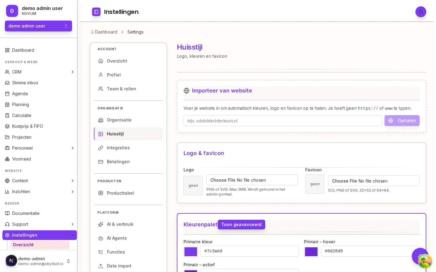 Huisstijl-instellingen: logo, kleuren en favicon automatisch van uw website ophalen
