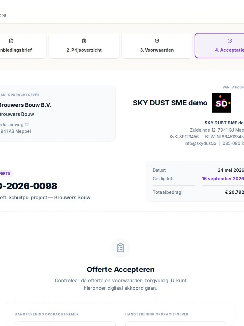 Uw klant opent de offerte in uw huisstijl en kan digitaal akkoord geven.